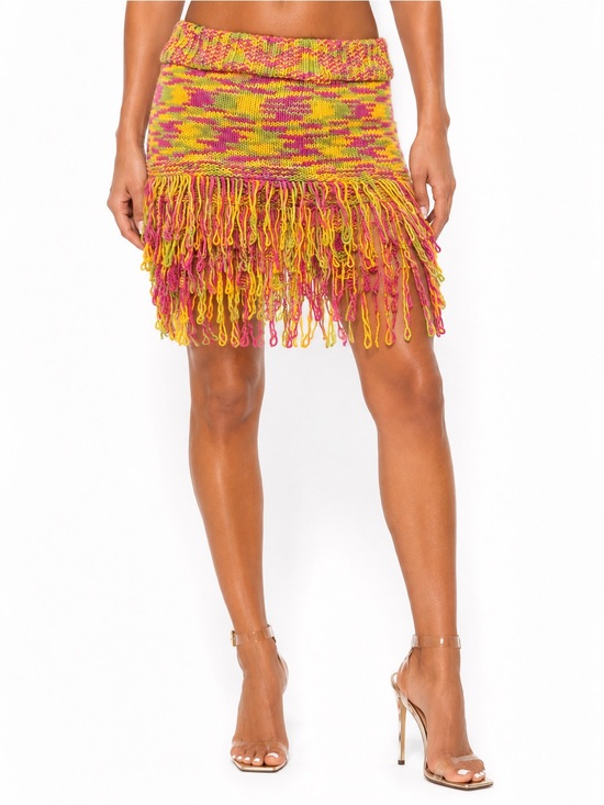 AKIRA Dresses & Skirts - AKIRA Pink Multi Knit Fringe Mini Skirt Boho Festival Statement Skirt